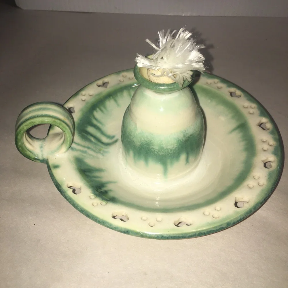 Artist Signed Hand Made Pottery Oil Candle Or Vase W Finger Hold